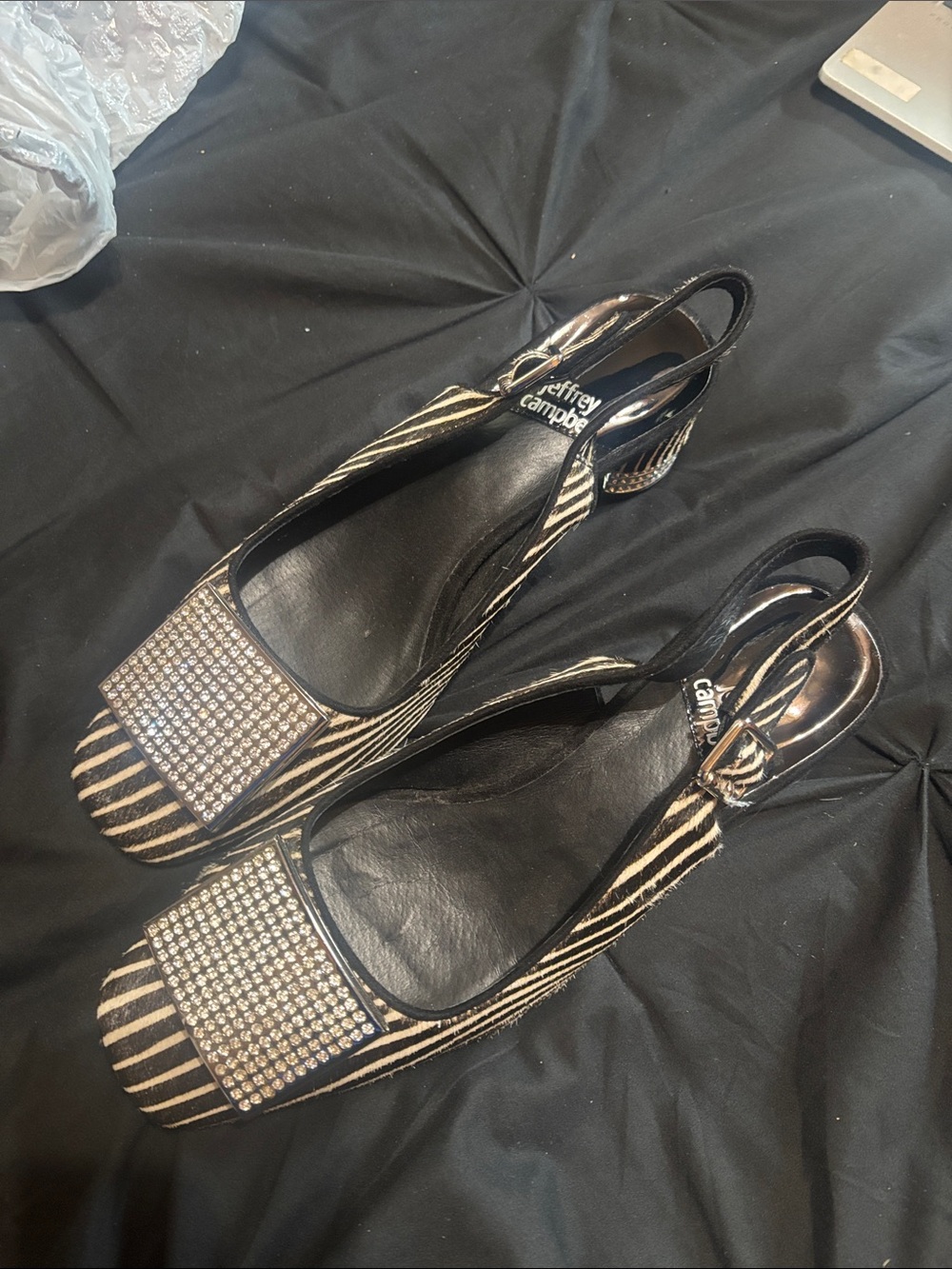 Jeffrey Campbell Women's Black & Beige Zebra Slingback Heels with Rhinestone Toe